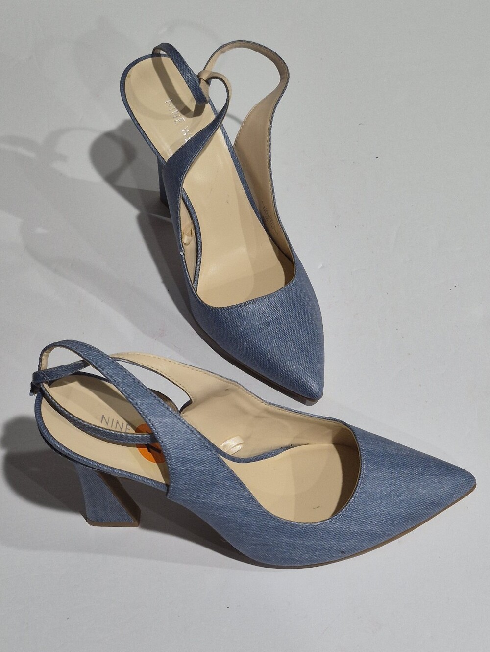 Nine West Denim-Textured Blue Slingback Pointed-Toe Block Heels Size 11